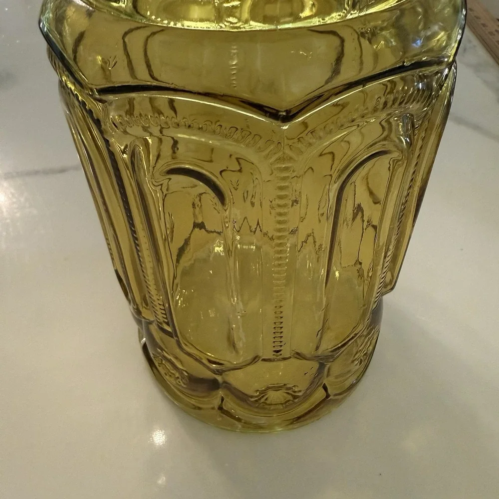 Vintage Golden Amber Glass Canister Cookie Jar Gothic Arch Apothecary 11
